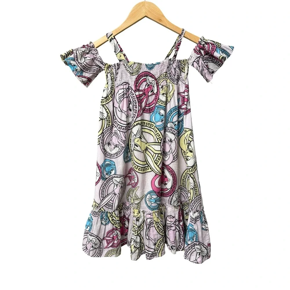 monnalisa Looney Tunes Muslin Dress Girls Size 5 Italian Luxury Off The Shoulder